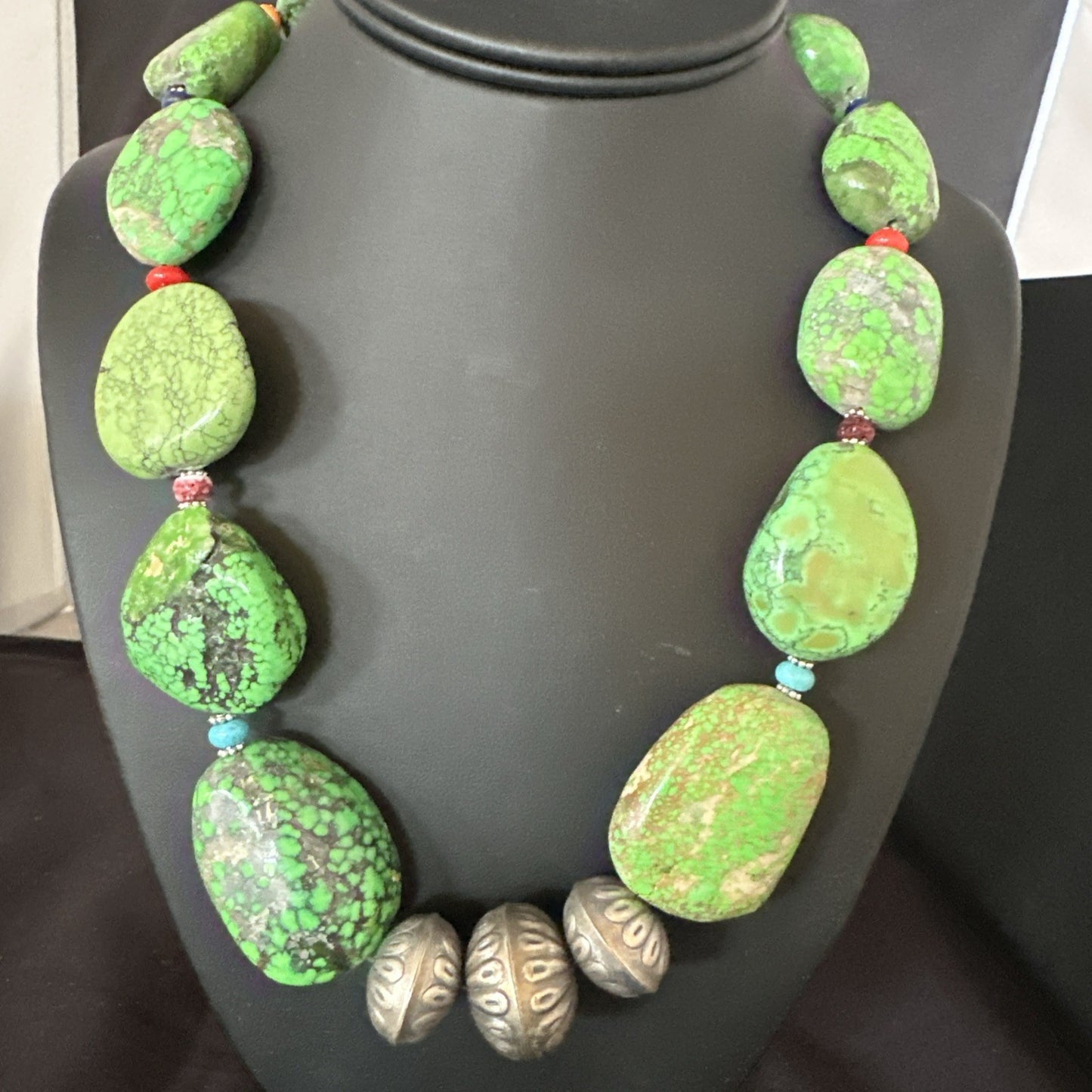 Green Turquoise Chunky Multicolor Southwest Sterling Silver Necklace 21" 19251
