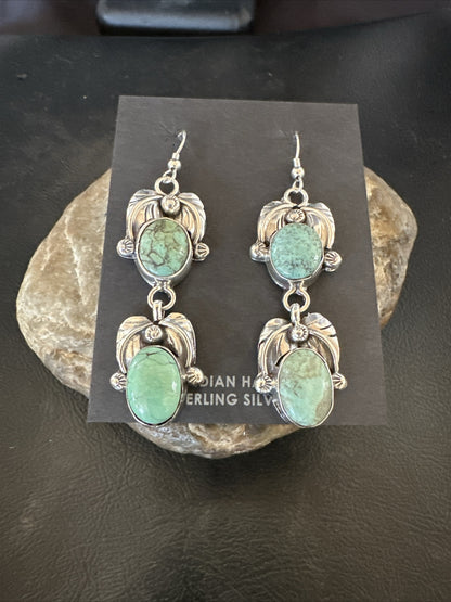 Native Navajo Green Turquoise Sterling Silver Dangle Earrings 2” 17910