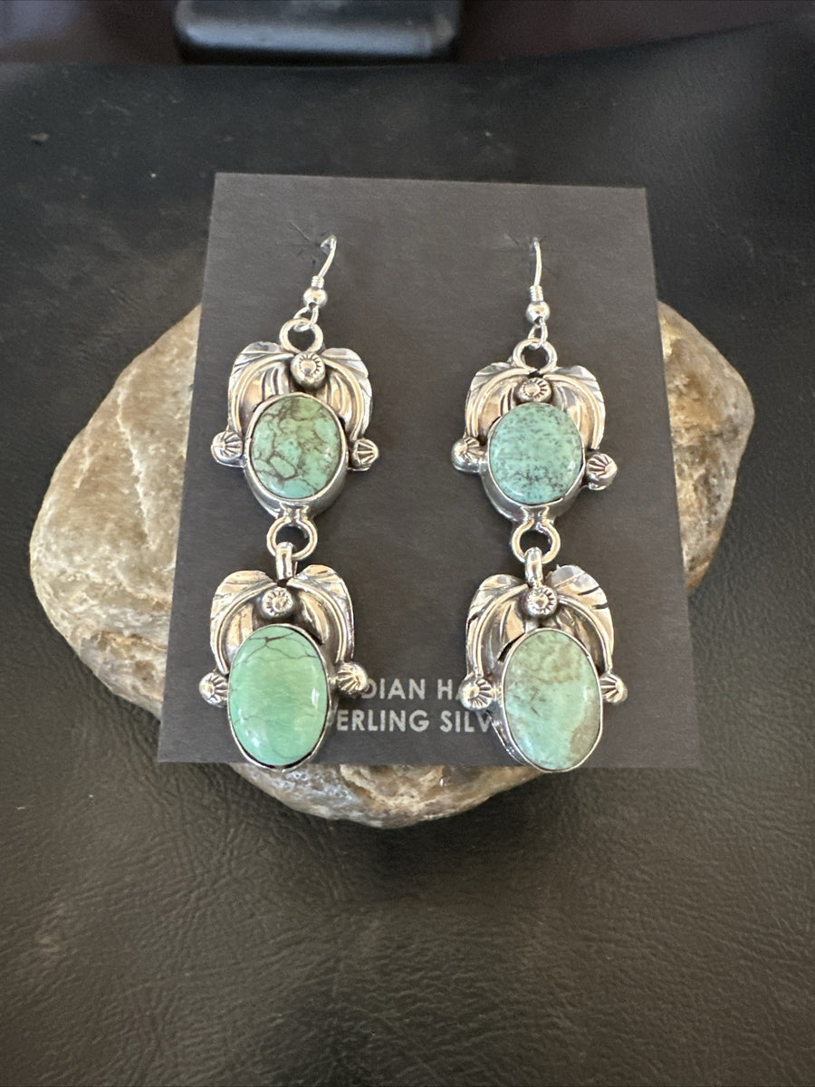 Native Navajo Green Turquoise Sterling Silver Dangle Earrings 2” 17910