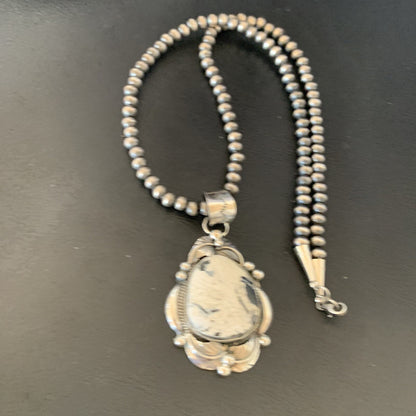 Men White Buffalo Turquoise Pendant Sterling Silver Beads Necklace 12670N