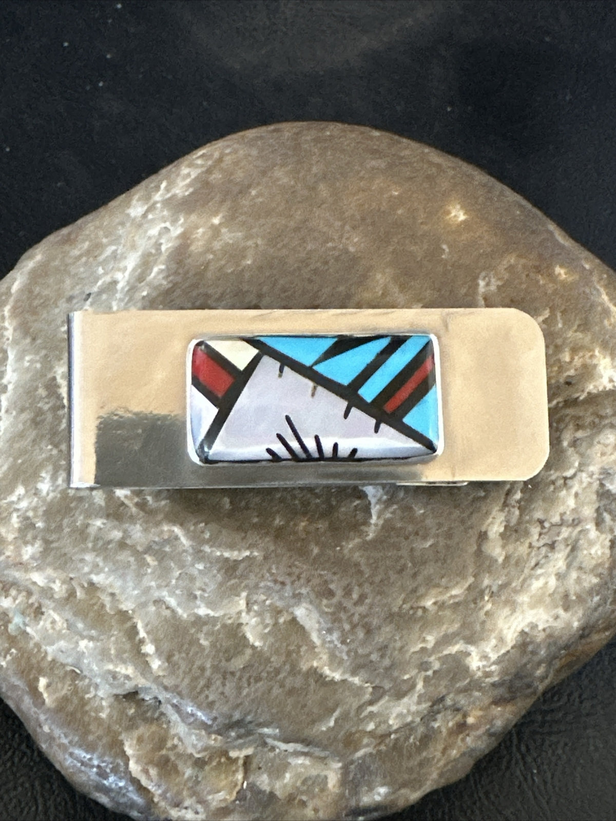 A Zuni Mens Turquoise Spiny Inlay Stainless Sterling Silver Money Clip 17833