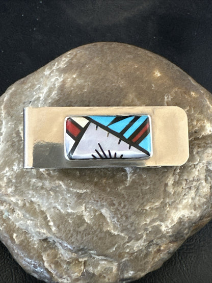 A Zuni Mens Turquoise Spiny Inlay Stainless Sterling Silver Money Clip 17833