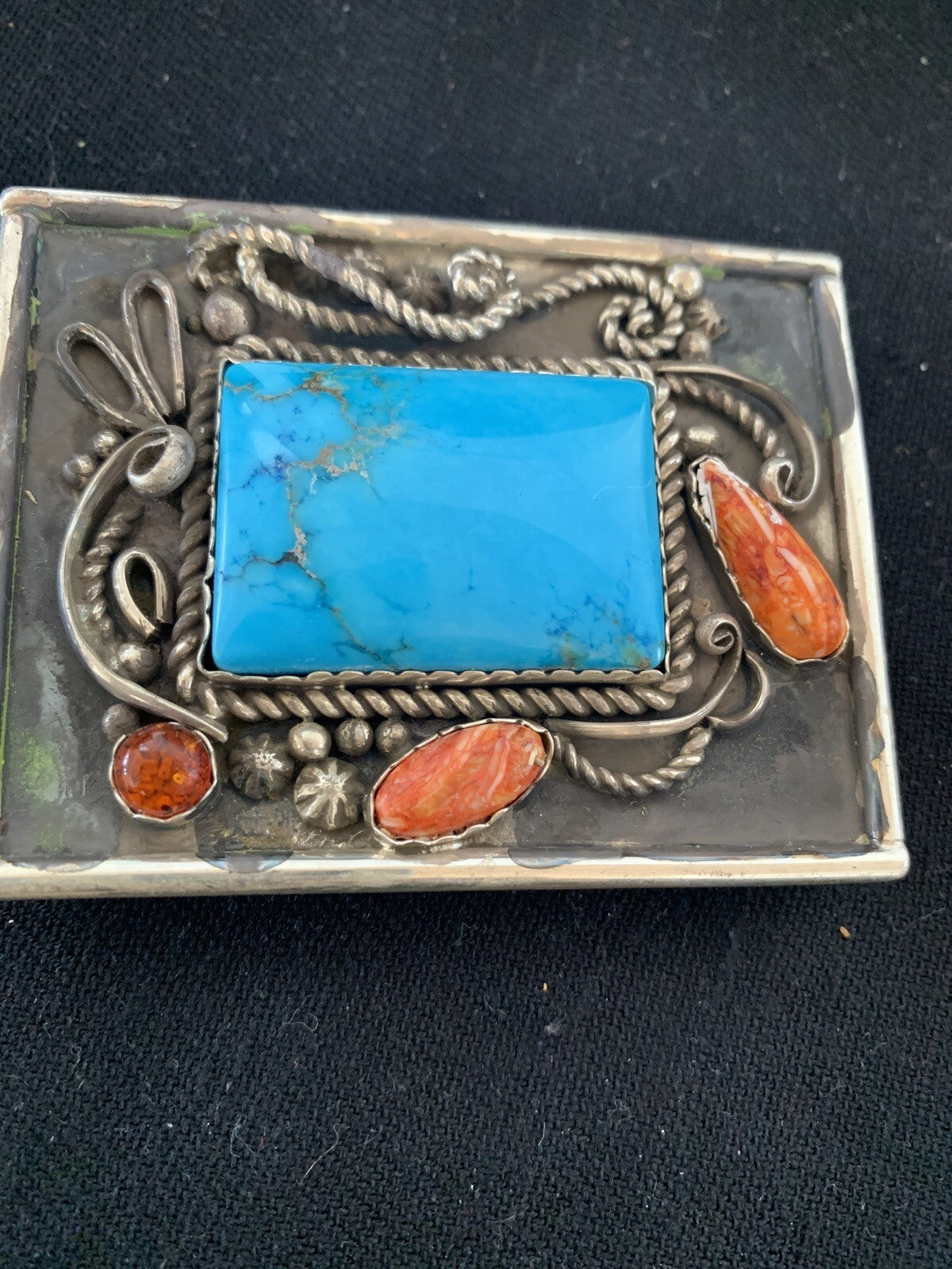 Blue Turquoise Spiny Oyster Navajo Sterling Silver Concho Belt Buckle 00717
