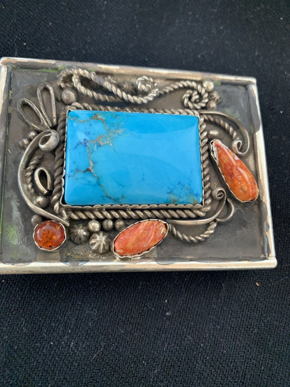 Blue Turquoise Spiny Oyster Navajo Sterling Silver Concho Belt Buckle 00717