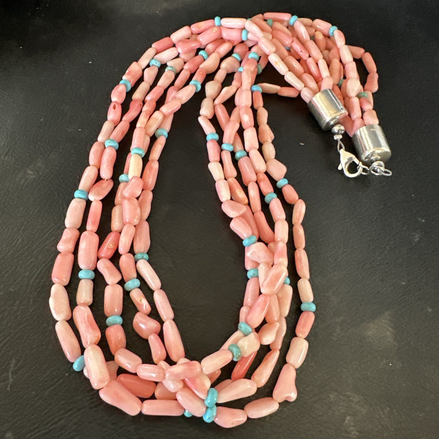 Navajo Blue Turquoise Pink Coral Sterling Silver 5 Strand Necklace 20” 17840
