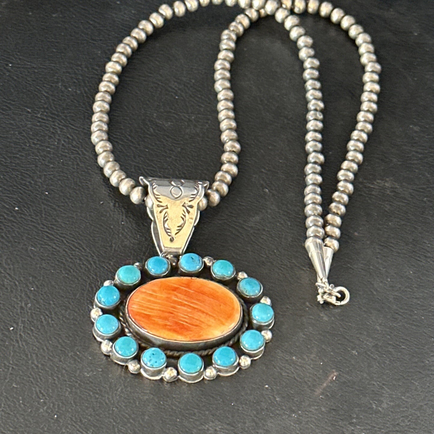 Blue Cluster Kingman Turquoise Sterling Orange Spiny Oyster Pendant 14353