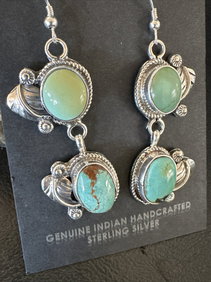 Native Navajo Green Turquoise Sterling Silver Dangle Earrings 2” 17911