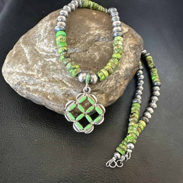 Women's Green Gaspeite Turquoise Pendant Navajo Necklace | Sterling Silver | Authentic Native American Handmade | 18370