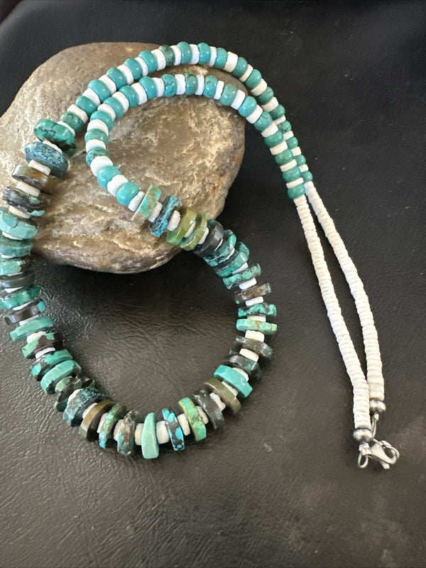 Navajo Blue Turquoise Shell Heishi Bead 25"Necklace | Sterling Silver | Authentic Native American Handmade | 17853