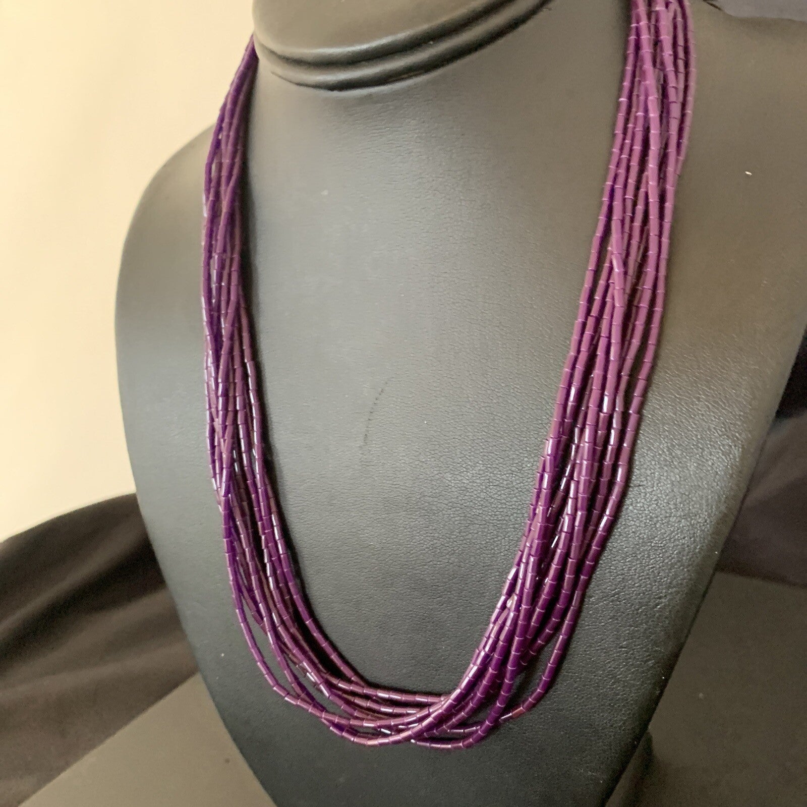 Purple Stone Sterling 10 Strand Stabilized Tube Heishi Necklace 24" 13420