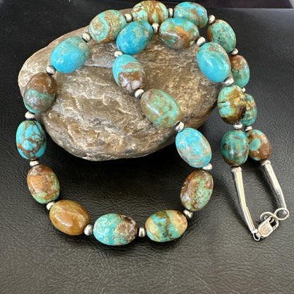 Green Blue Royston Turquoise Navajo Sterling Silver Beads Necklace 20" 19563