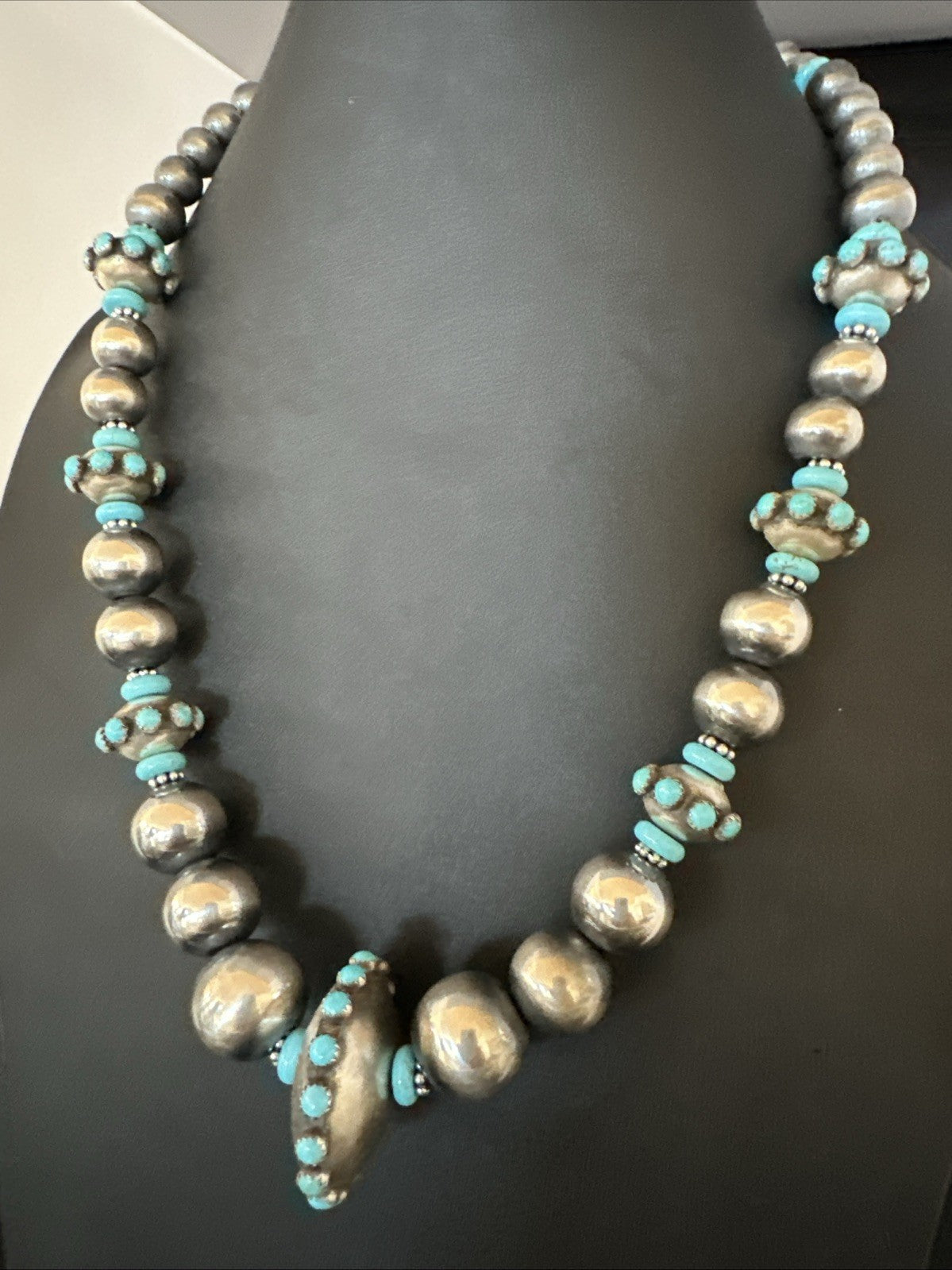 Navajo Pearls Blue Kingman Turquoise Sterling Silver Necklace 23” 19449
