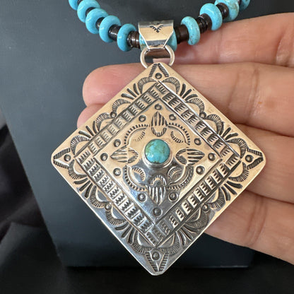 Navajo Blue Turquoise Stamped Pendant Shell Sterling Silver 25” Necklace 19708