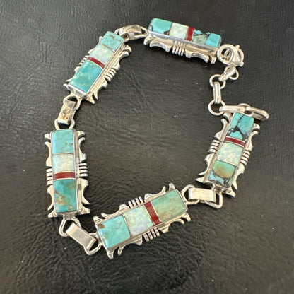 A Womens Blue Turquoise Opal Navajo Sterling Silver Link Bracelet 9" 19791