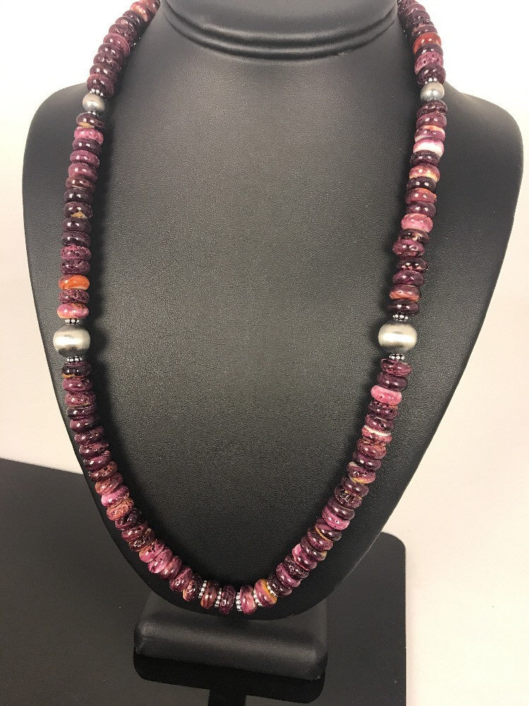 Purple Spiny Oyster 10 mm Bead Navajo Sterling Silver Beads Necklace 00409