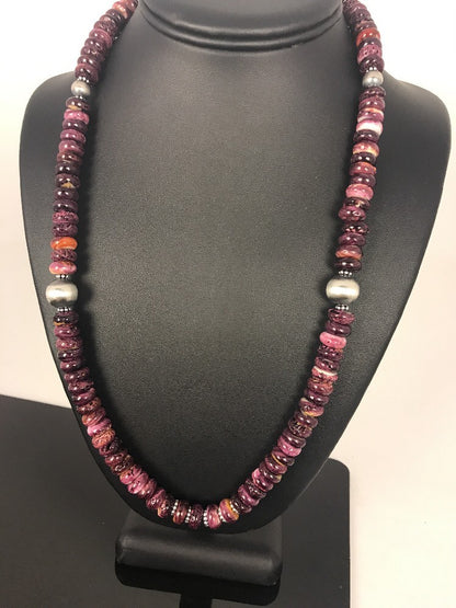 Purple Spiny Oyster 10 mm Bead Navajo Sterling Silver Beads Necklace 00409