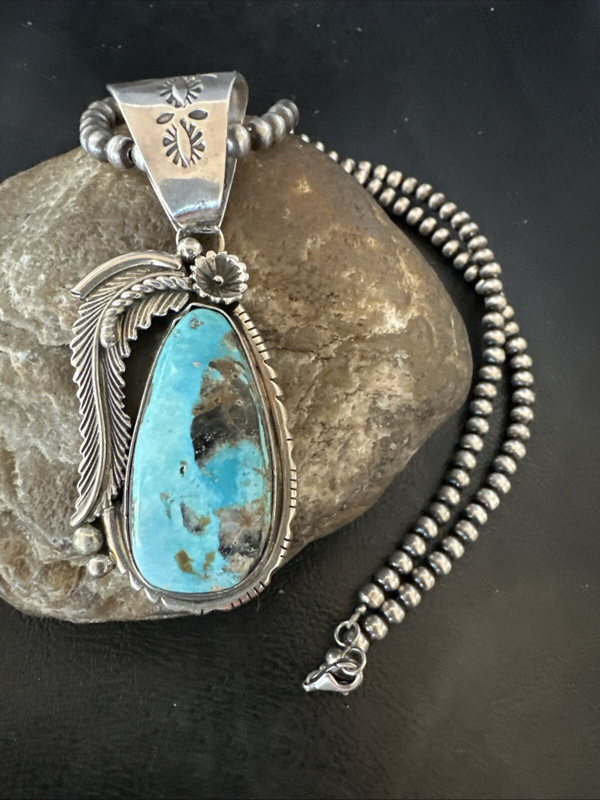 Mens Womens Blue Turquoise Pendant Sterling Silver Beads Sterling Necklace 18648
