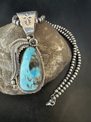 Men's Women's Blue Turquoise Pendant Beads Necklace | Sterling Silver | Authentic Native American Handmade | 18648