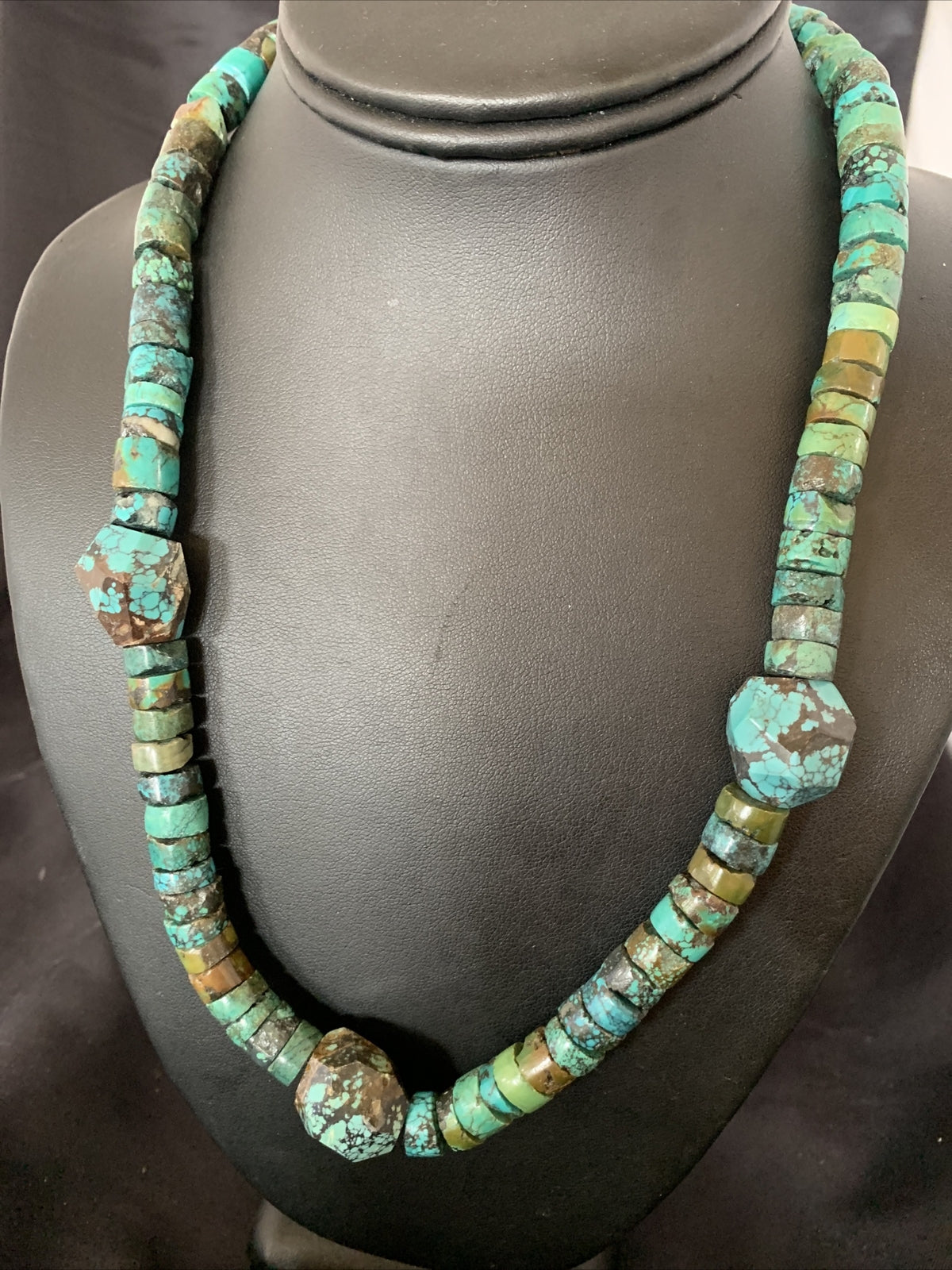 Men Chunky Spiderweb Turquoise Heishi Navajo Sterling Silver Necklace 21” 124504