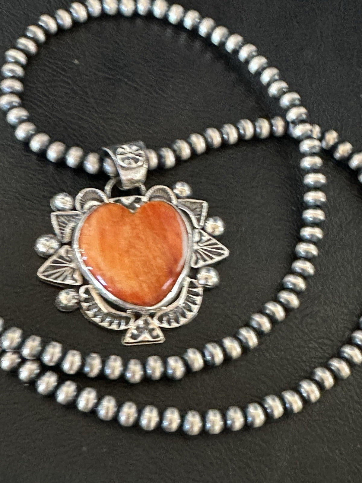 H Joe Orange Spiny Oyster Heart Pendant Navajo Sterling Silver Necklace 19485