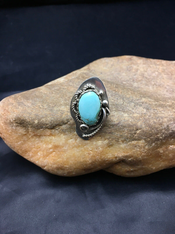 Blue Turquoise Navajo Ring Size 7.25 | Sterling Silver | Authentic Native American Handmade | 02510