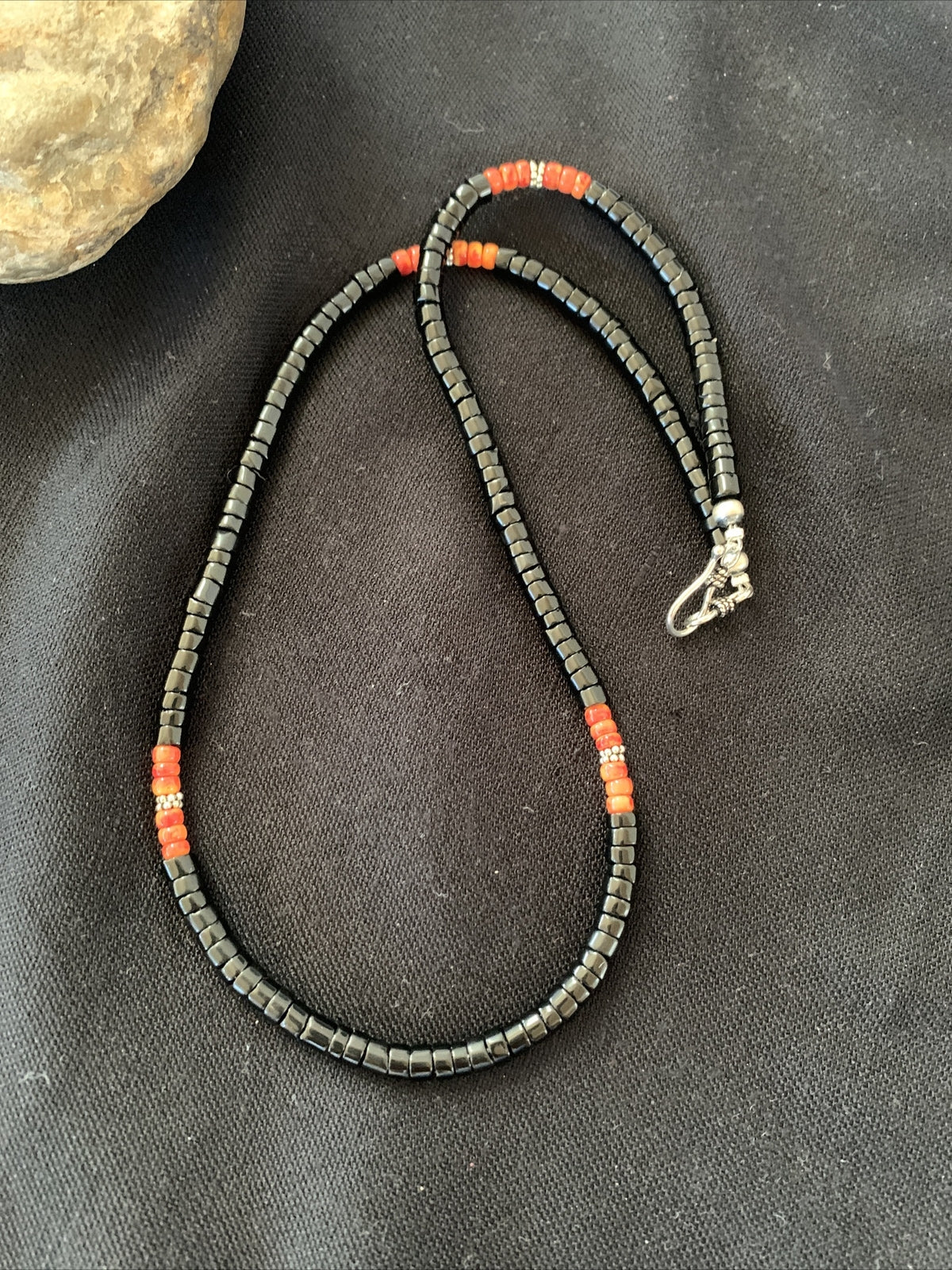 Mens Spiny Oyster Black Onyx Heishi Navajo Pearls Sterling Silver Necklace 01391