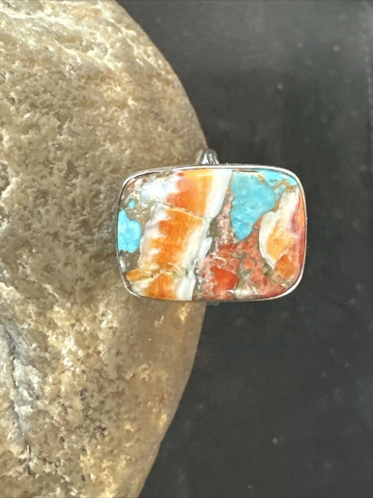 Blue Turquoise Spiny Oyster Southwestern Sterling Silver Ring Size 8 18431