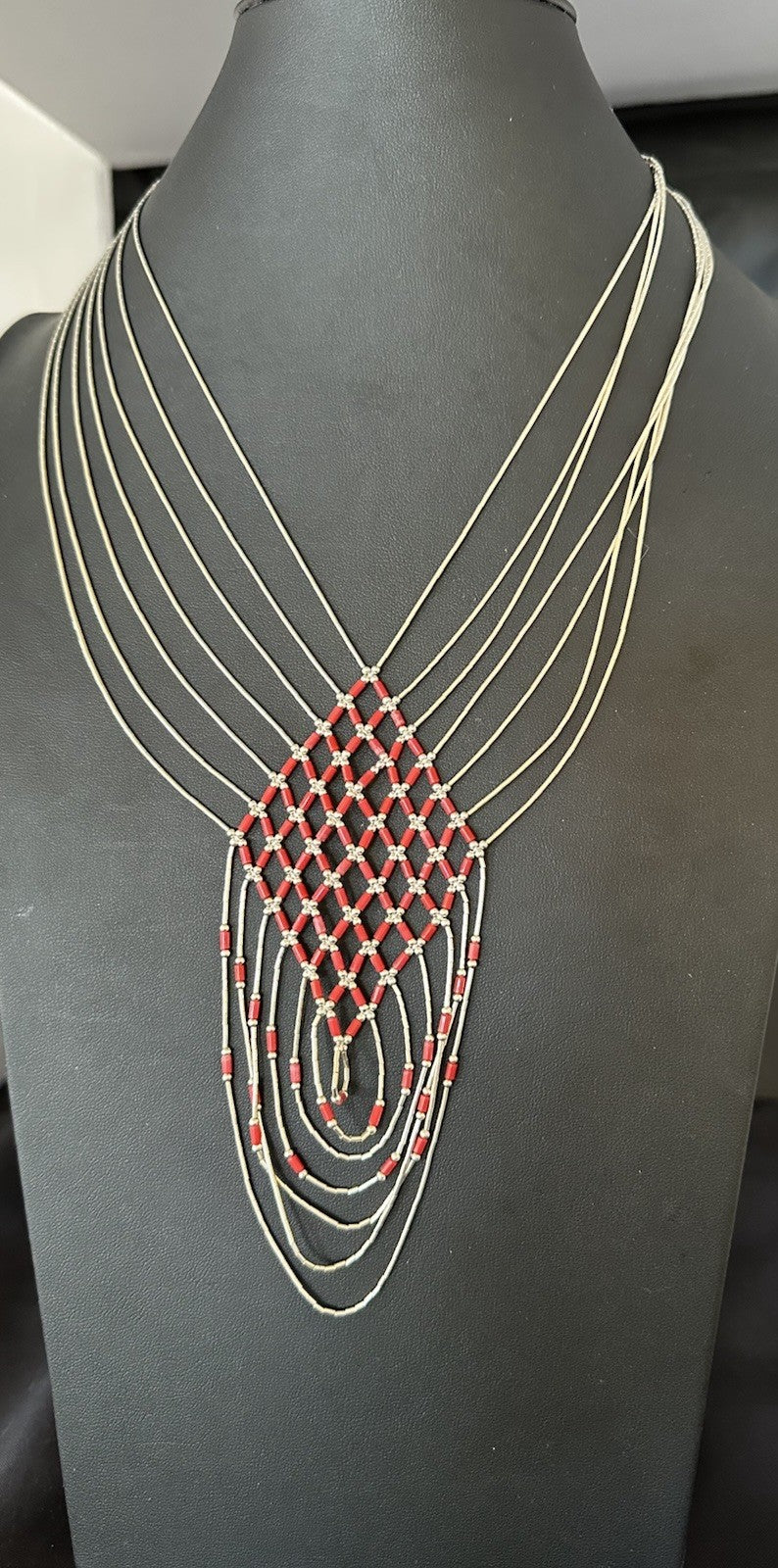 Red Coral Heishi Tubes Pendant 7 Strand Liquid Sterling Silver Necklace 19750