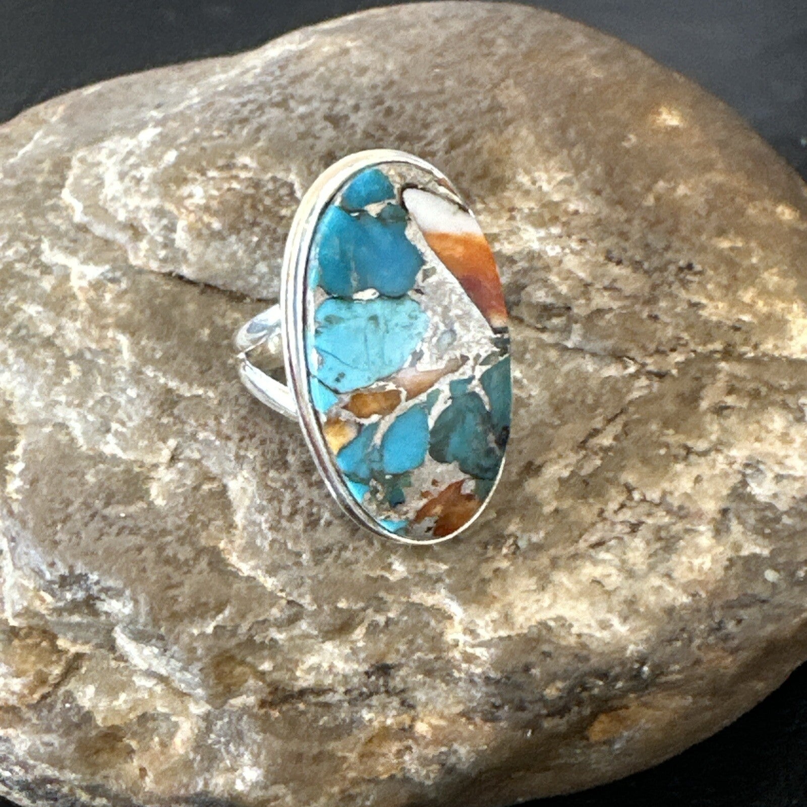Blue Turquoise Spiny Oyster Southwestern Sterling Silver Ring Size 7 18444