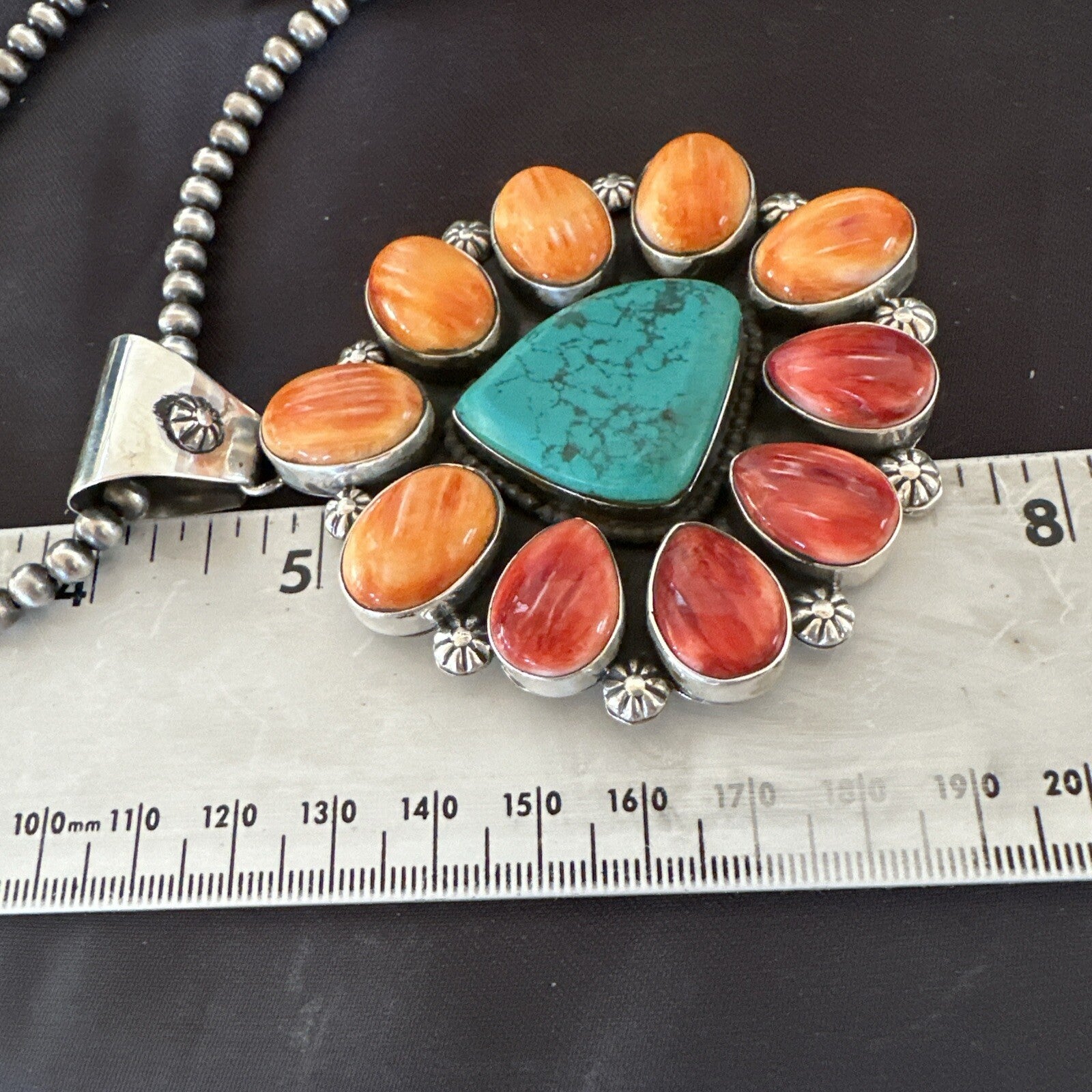 XL Turquoise Orange Spiny Cluster Pendant Navajo Sterling Silver Necklace 18400