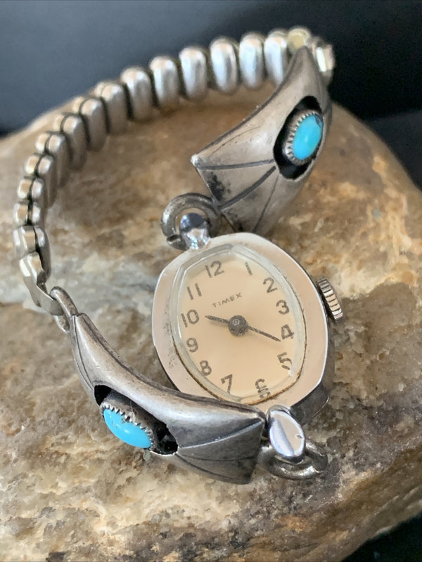 Turquoise Navajo Old Pawn Shadowbox Watch Tips | Sterling Silver | Authentic Native American Handmade | 01449