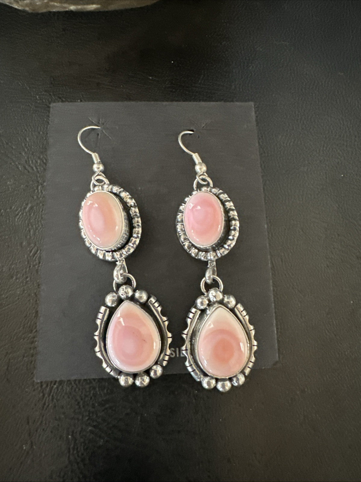 Yazzie Pink Queen Conch Navajo Sterling Silver Dangle Earrings 19321