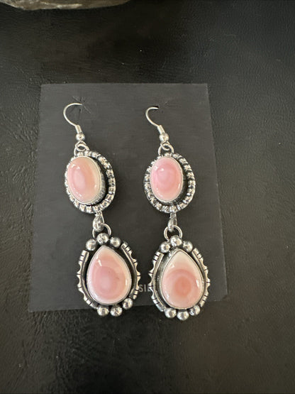 Yazzie Pink Queen Conch Navajo Sterling Silver Dangle Earrings 19321