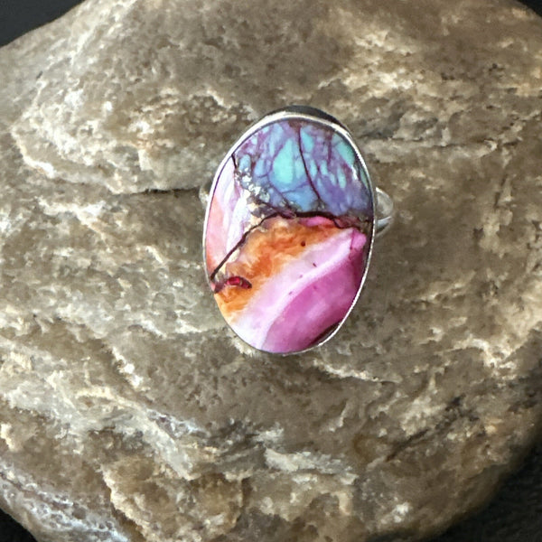 Blue Turquoise Spiny Oyster Southwestern Ring Size 8 | Sterling Silver | Authentic Native American Handmade | 18438