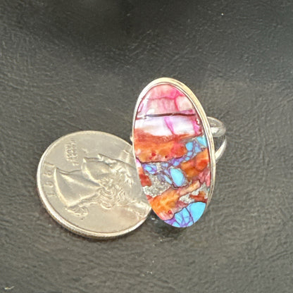 Blue Turquoise Orange Spiny Oyster Navajo Sterling Silver Ring Size 7 18212
