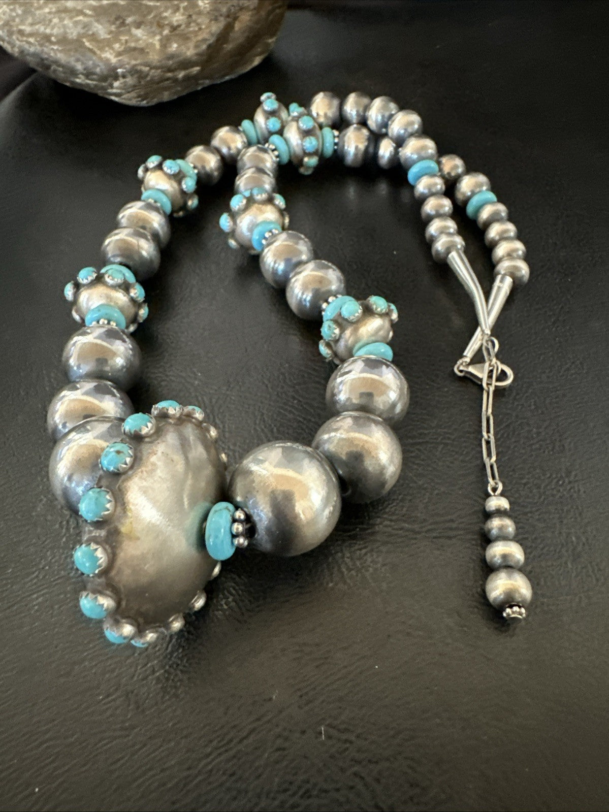 Navajo Pearls Blue Kingman Turquoise Sterling Silver Necklace 23” 19449