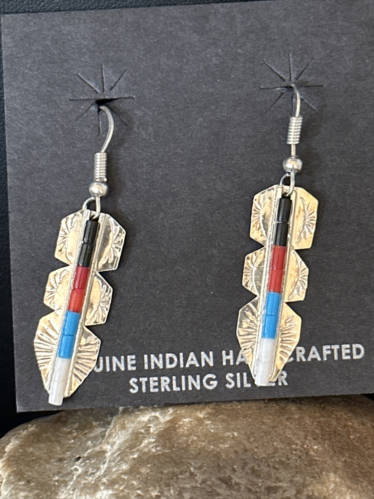 Lapis, Opal, Coral Navajo Sterling Silver Inlay Earrings 1.5” 14770