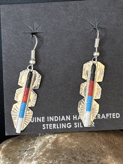 Lapis, Opal, Coral Navajo Sterling Silver Inlay Earrings 1.5” 14770