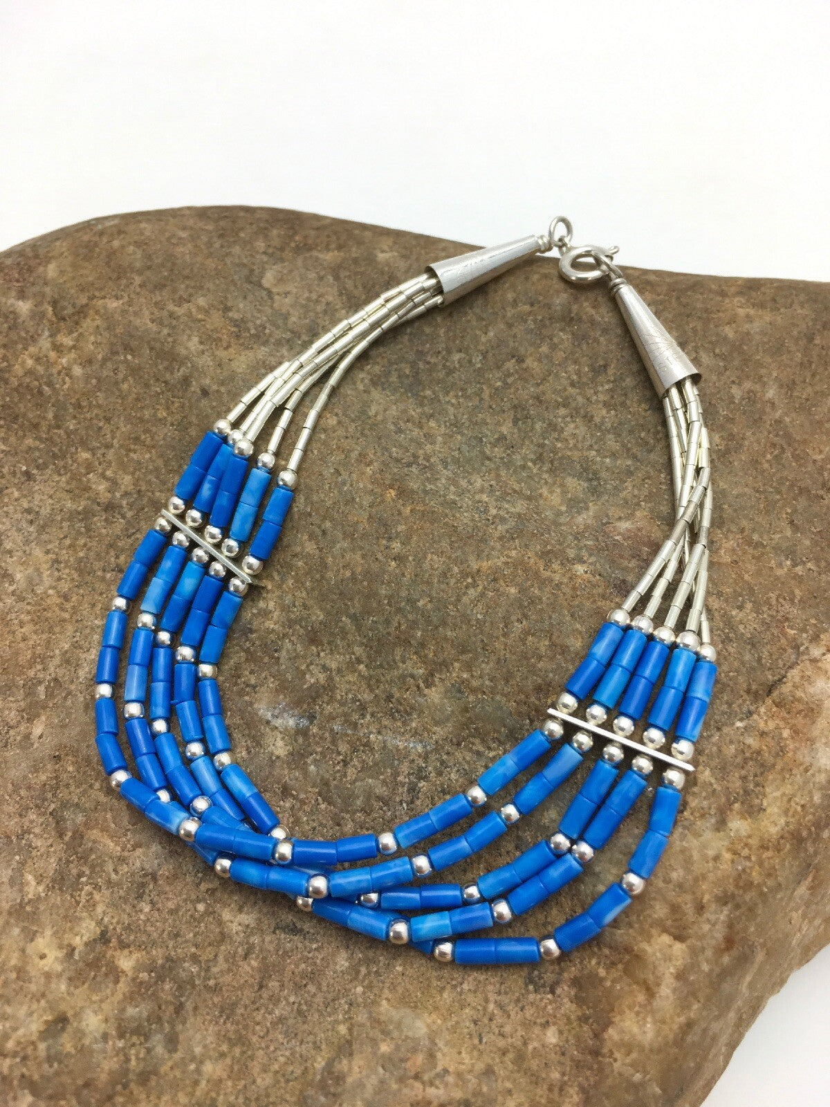 Blue Lapis Heishi 5 Strand Southwestern Liquid Sterling Silver Bracelet 7" 02935