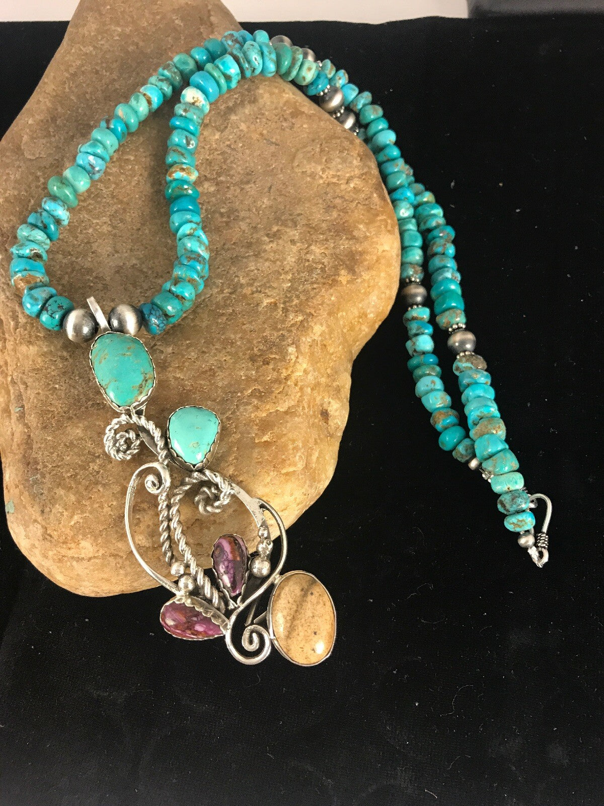 Blue Turquoise, Spiny Oyster Pendant Navajo Pearls Sterling Silver Necklace 8487