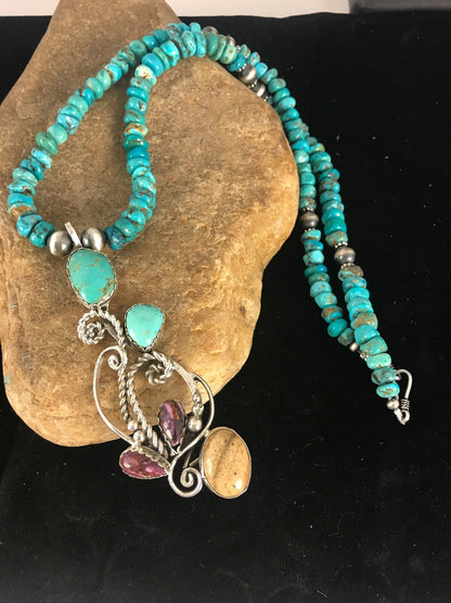 Blue Turquoise, Spiny Oyster Pendant Navajo Pearls Sterling Silver Necklace 8487