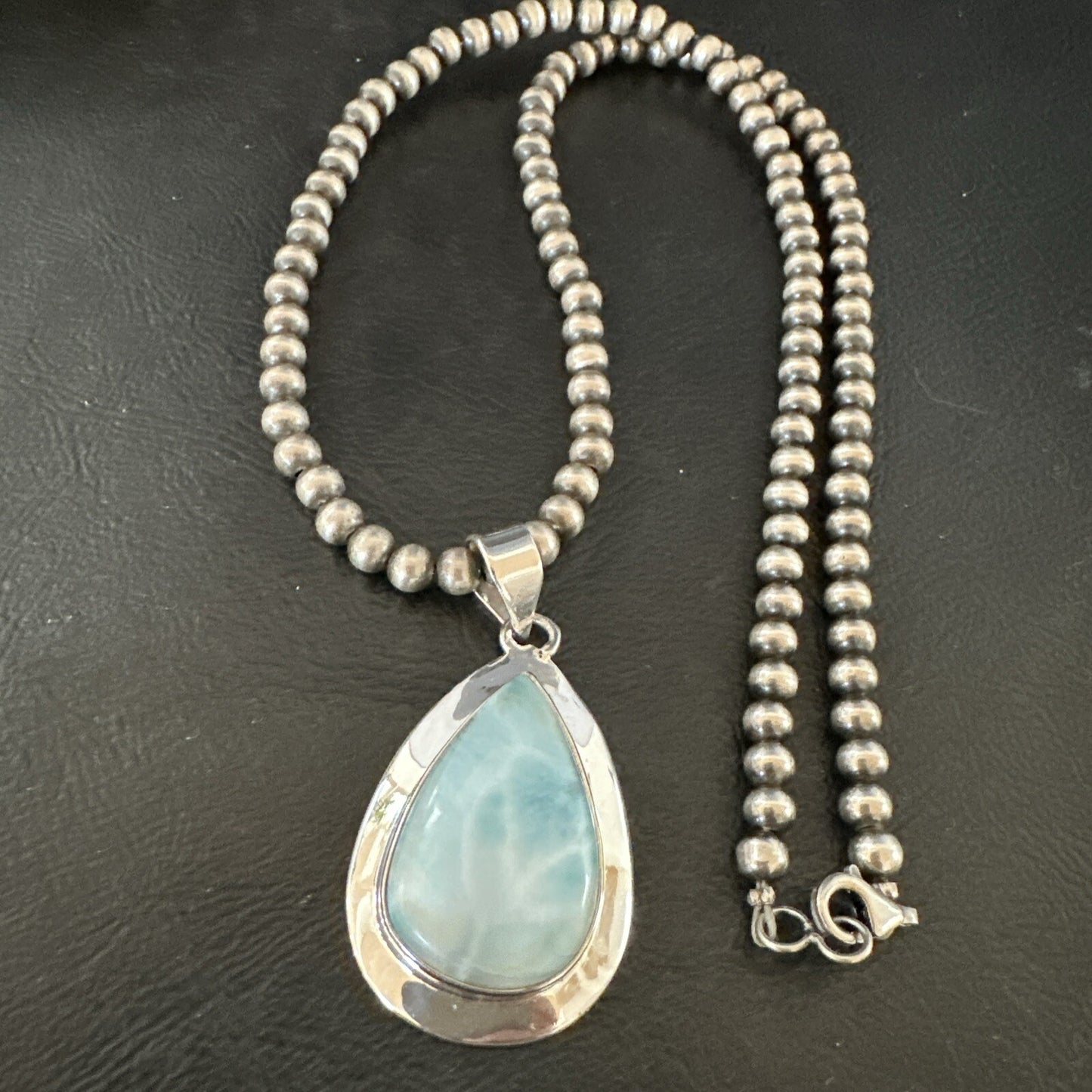 Womens Blue Larimar Pendant Navajo Sterling Silver Beads Necklace 17717