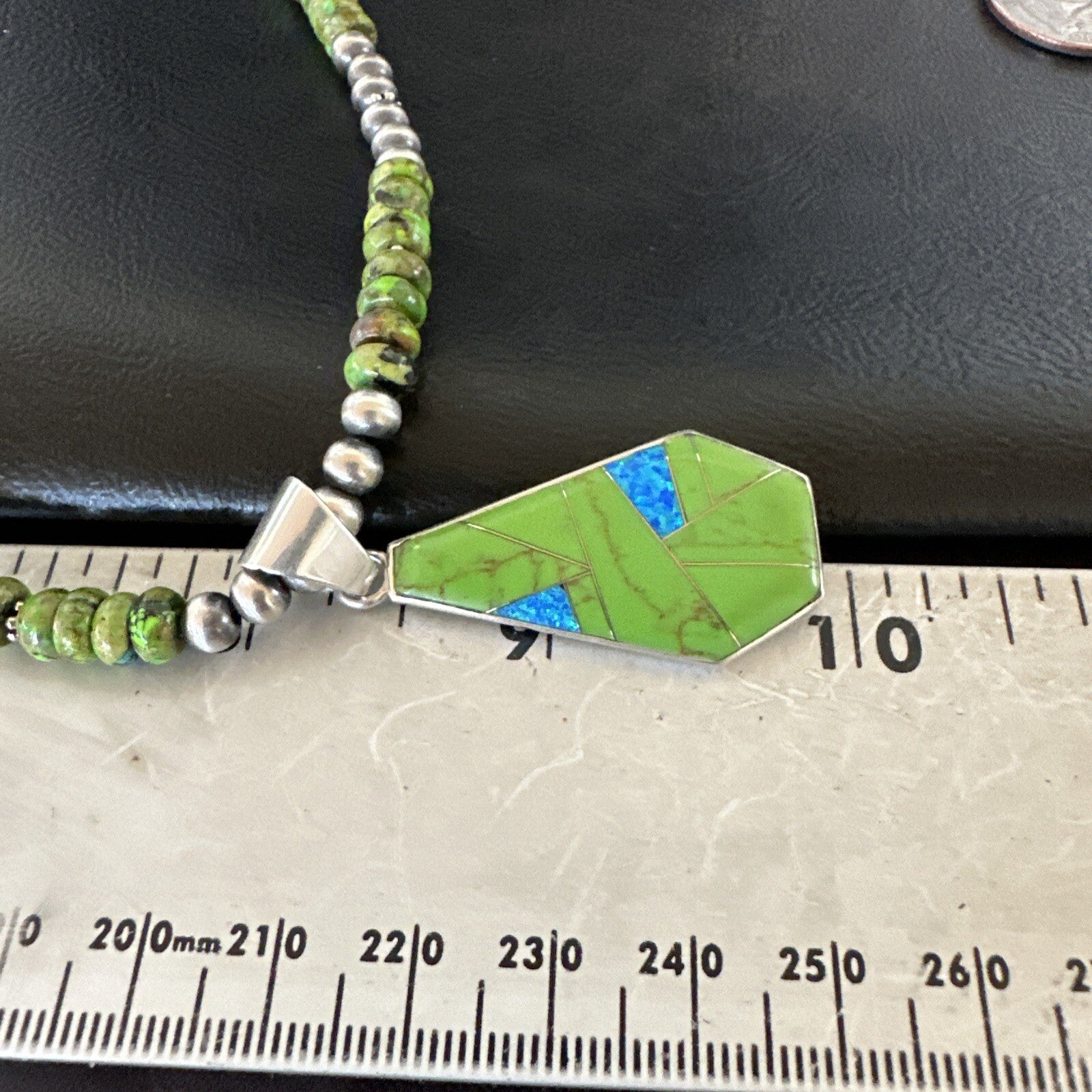 Green Gaspeite & Turquoise Pendant Navajo Pearls Sterling Silver Necklace 18179