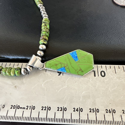 Green Gaspeite & Turquoise Pendant Navajo Pearls Sterling Silver Necklace 18179