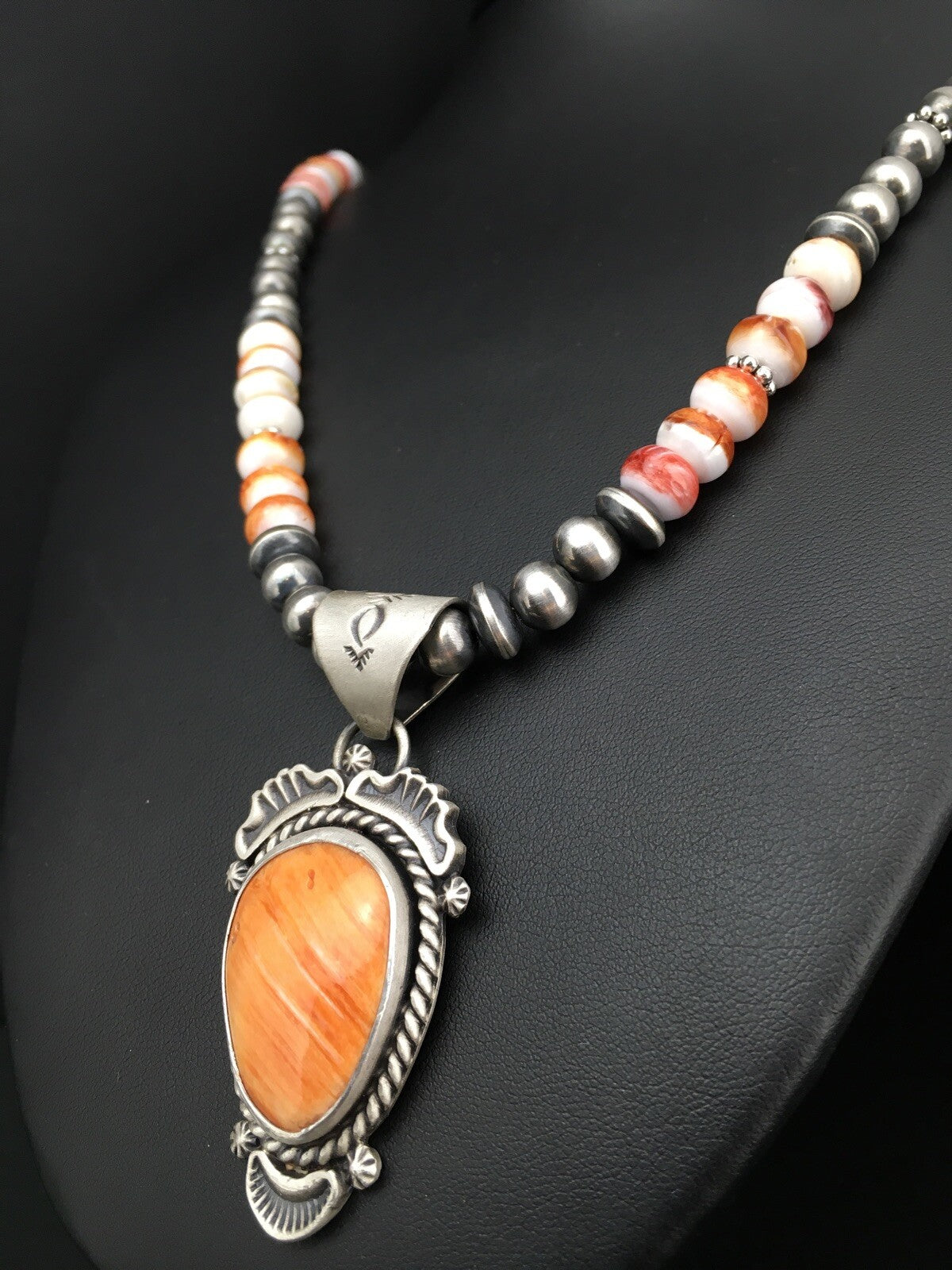 Orange Spiny Oyster Pendant Sterling Silver Beads Necklace 22" 01241