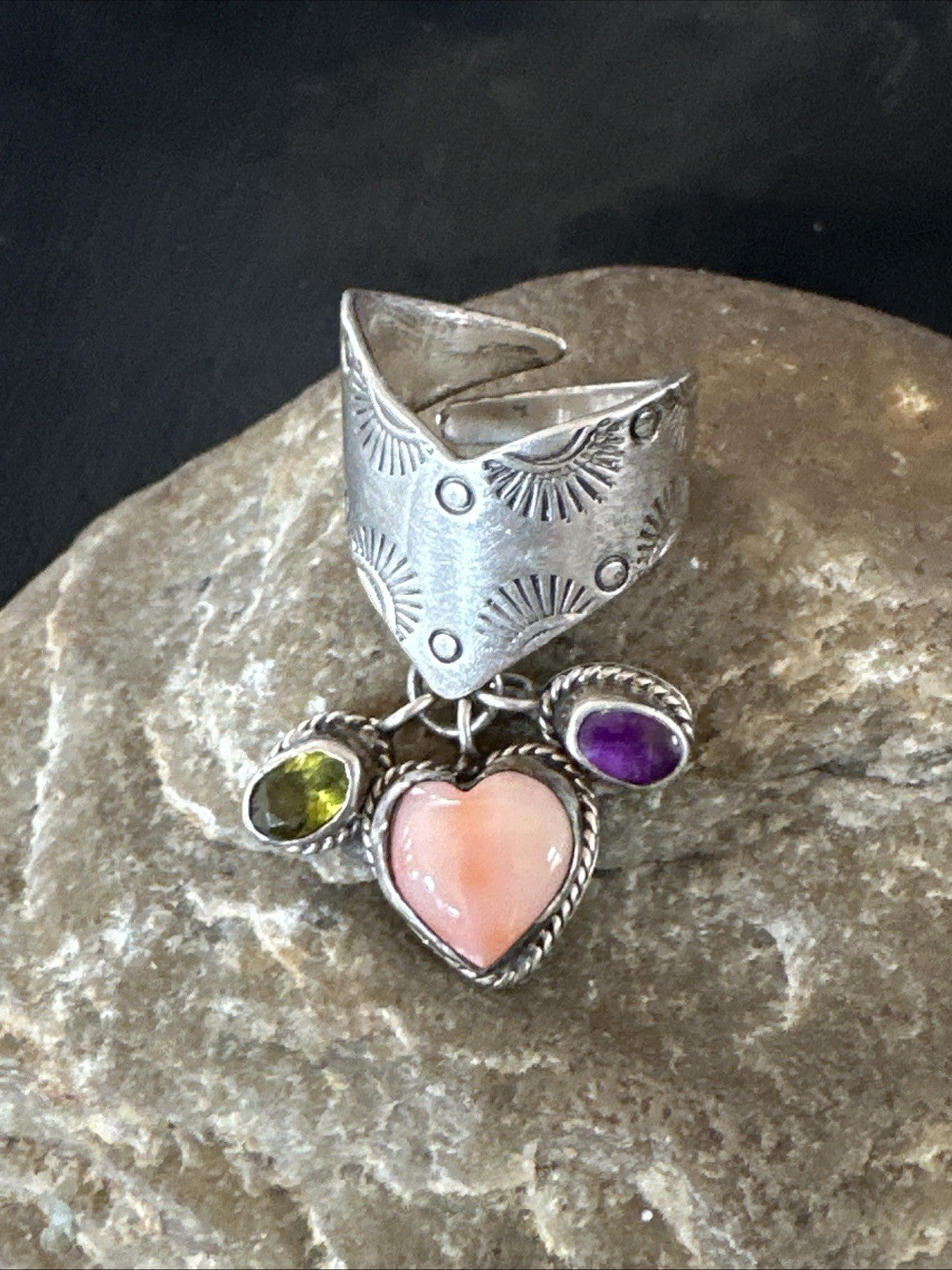 Heart Pink Conch Cluster Spiny Stamped Ring Adjustable Navajo Sz 7.5 19202