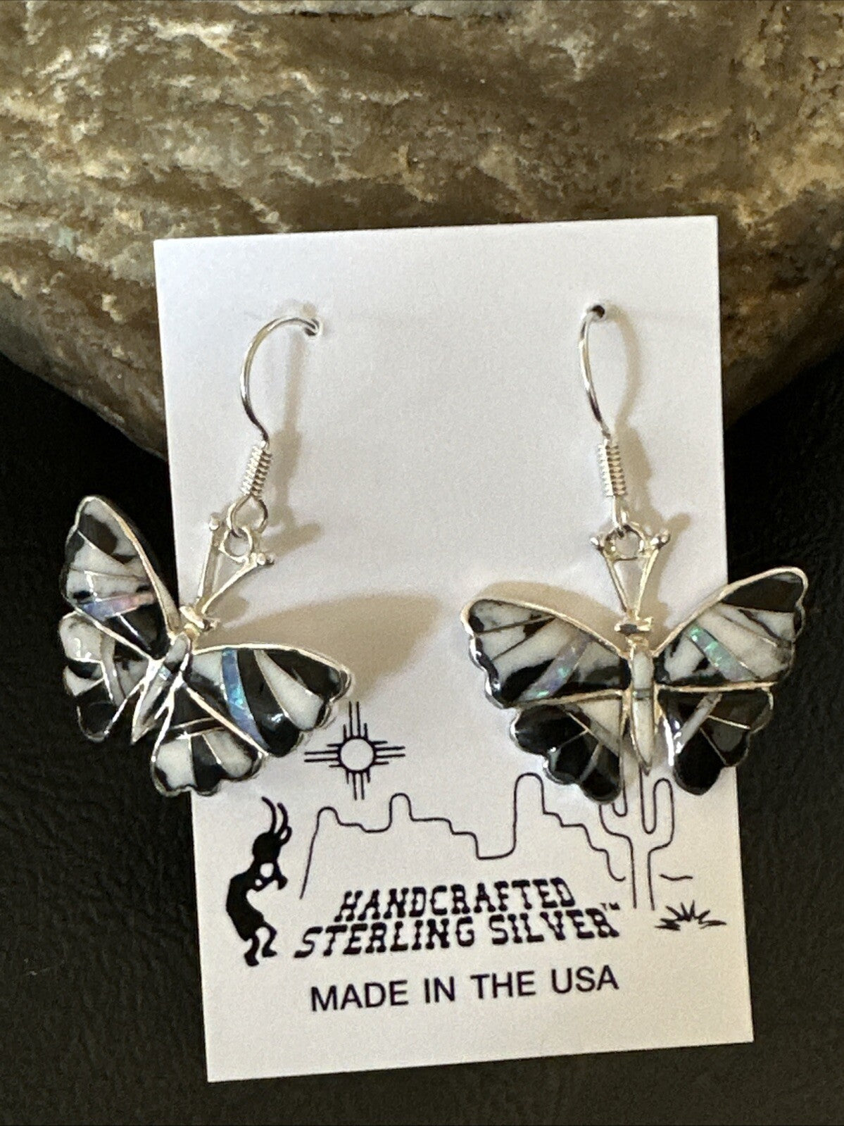 White Buffalo Turquoise Opal Onyx Sterling Silver ButterFly Earrings 18553