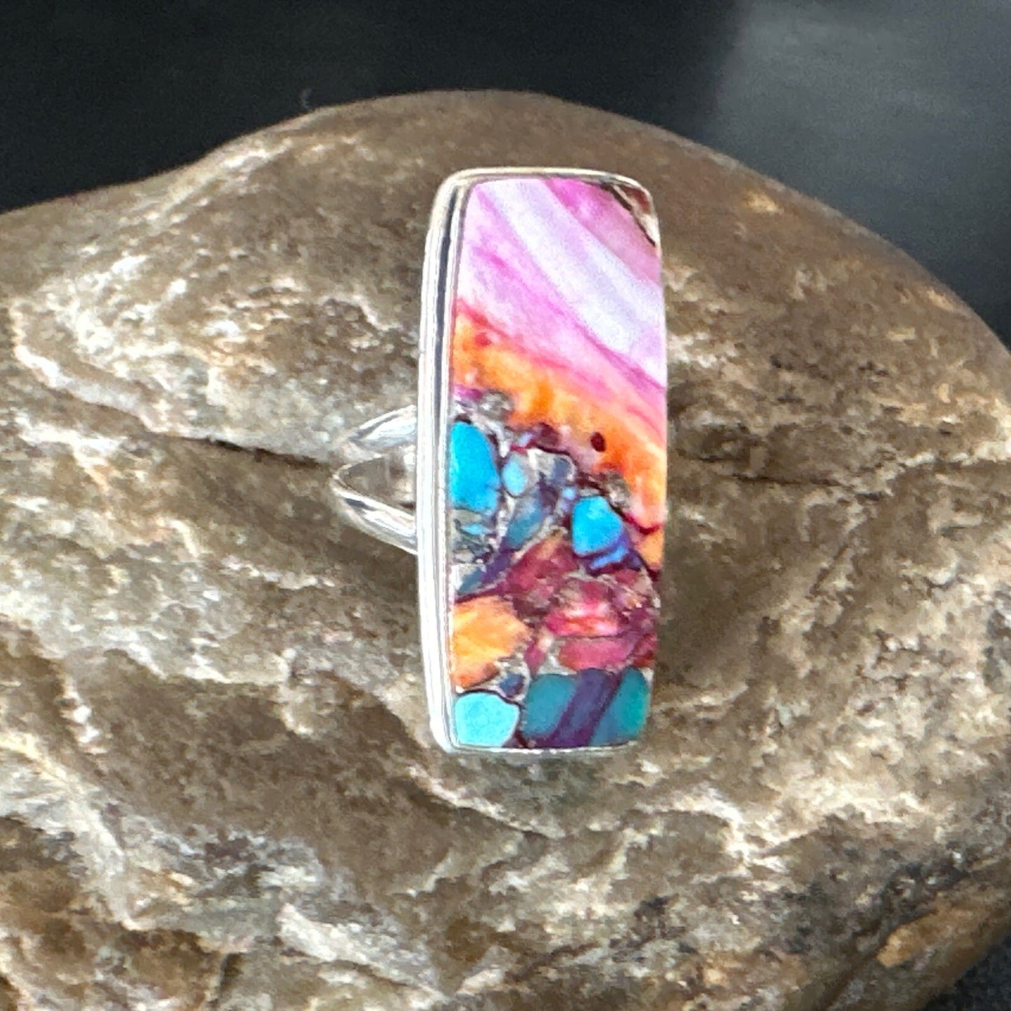 Blue Turquoise Spiny Oyster Navajo Sterling Silver Ring Size 7 18223