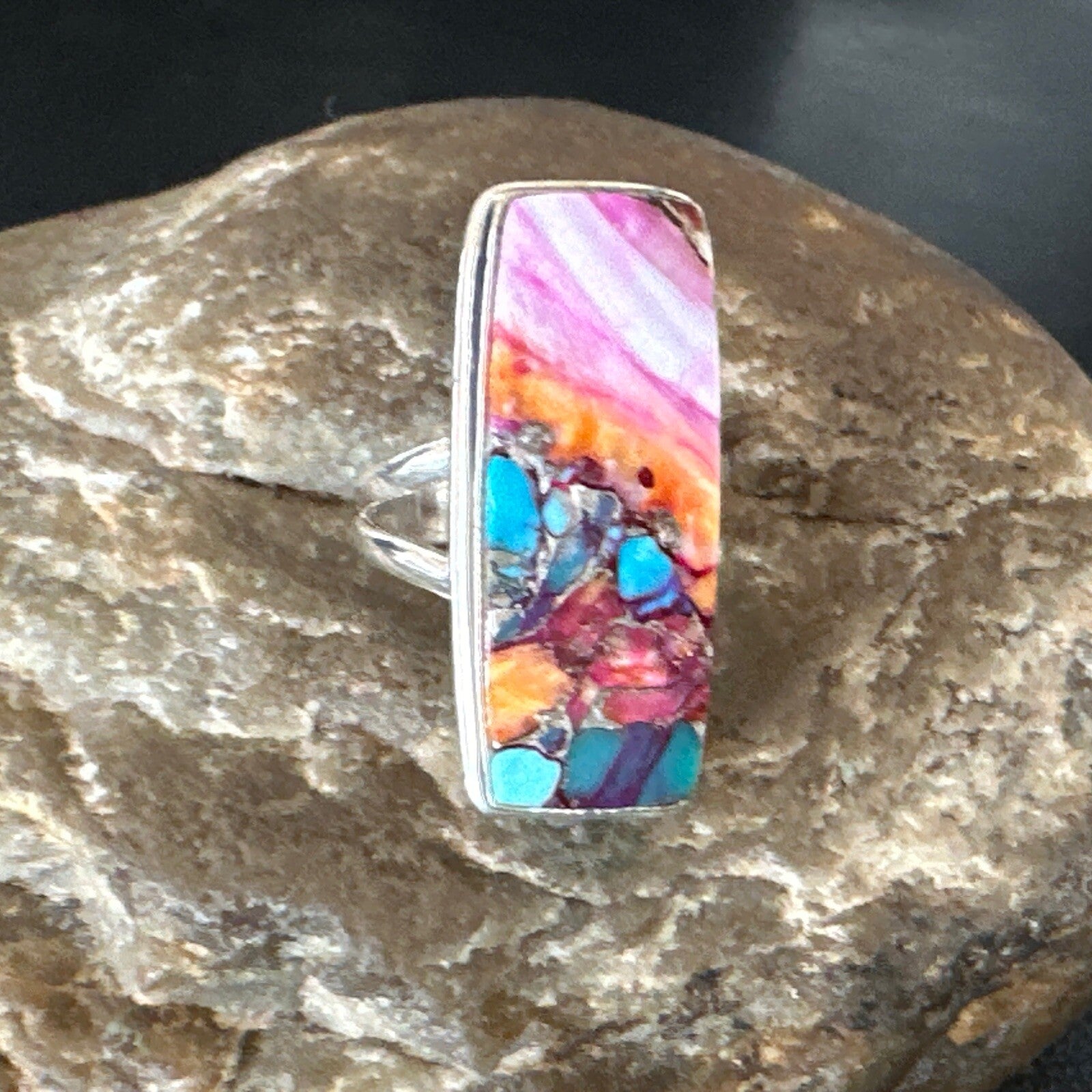 Blue Turquoise Spiny Oyster Navajo Sterling Silver Ring Size 7 18223