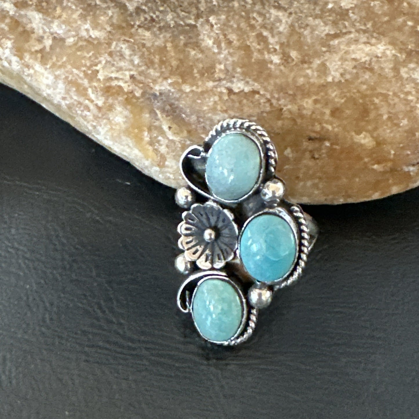 Yazzie Ring Green Turquoise Navajo Sterling Silver Cluster Size 8 19222